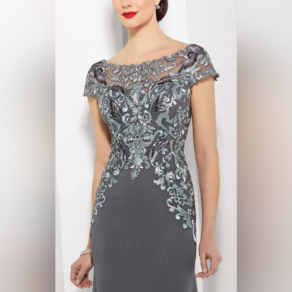 Cameron Blake Gray Illusion Appliqued Mother of the Bride Size 10